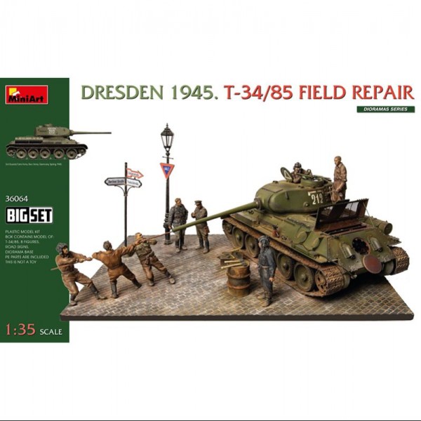 DIORAMA DRESDEN 1945. T-34/85 FIELD REPAIR. BIG SET 1/35